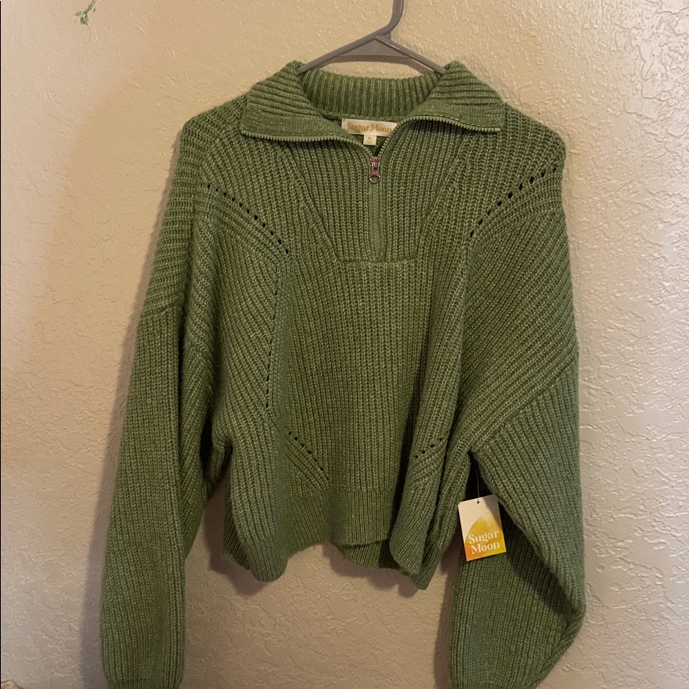 Green Knit Sweater with Half-Zip